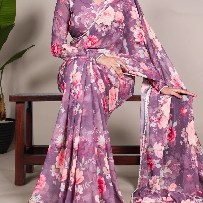 Printed weightless marble saree with pearl border - Thumbnail 5