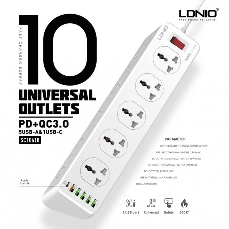 LDNIO SC10610 30W 10 Port + 1PD + 1QC + 4USB Universal Power Socket