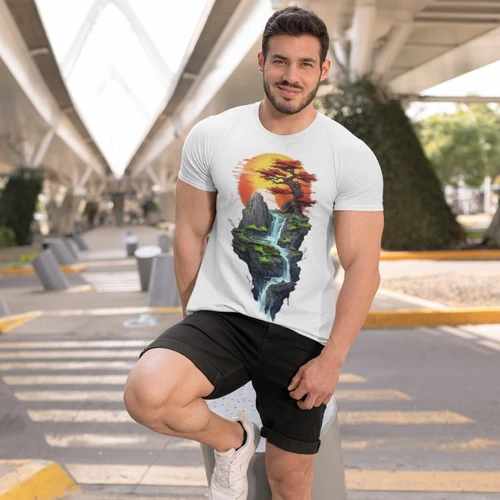 Bonsai & Waterfall T-Shirt - Nature Art Tee - Buy Online