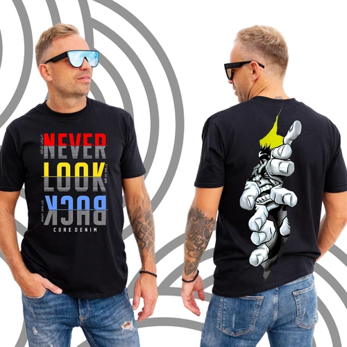 Premium Front & Back Design: "Never Look Back" & Robotic Hand Tee