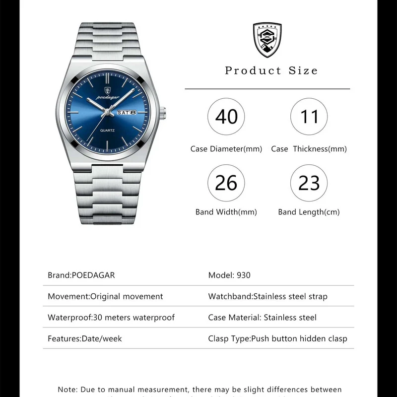 POEDAGAR 930 Luxury Watch For Men Waterproof Luminous Date Week Stainless Steel Men Watch Casual Quartz Men's Watch- Watch For Men - Image 9