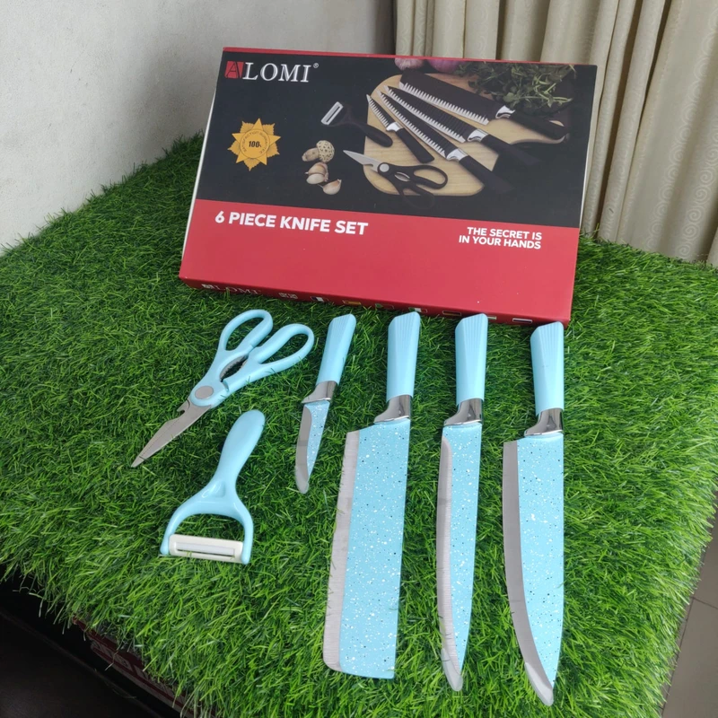🔪 LOMI 6-Piece Kitchen Knife Set – Elegant Sky Blue with Speckled Blades | Stylish & Functional