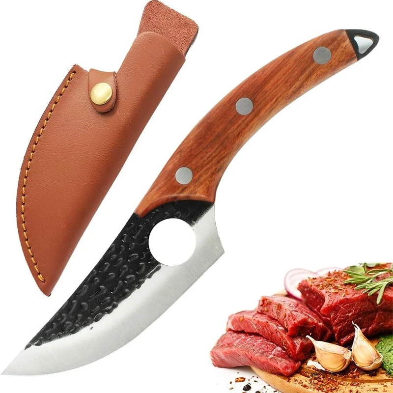 Butcher & Kitchen Knife – Hand-Forged Multipurpose Boning, Cleaver, Survival & BBQ Knife with Wooden Handle