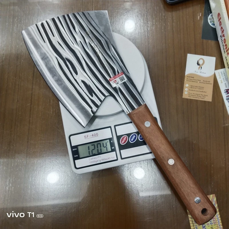 Handmade Heavy Duty Meat Cleaver Knife with Wood Grain Pattern Blade - 1204g