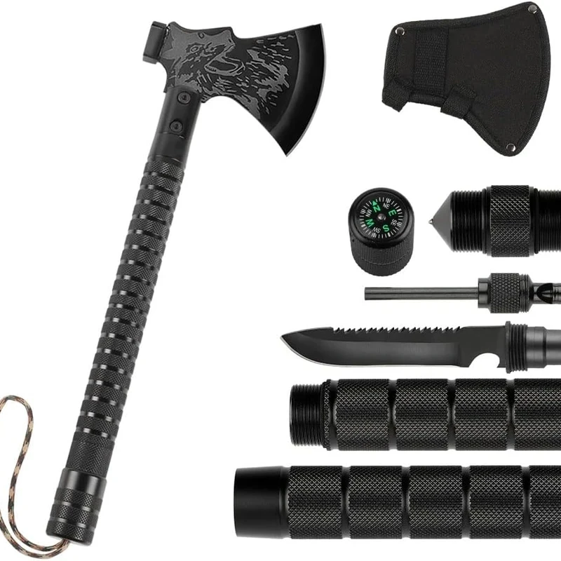 CASAVIDA Survival Camping Axe, Folding Tactical Axe Hatchet with Hammer Nylon Sheath for Outdoor Camping Hiking Black