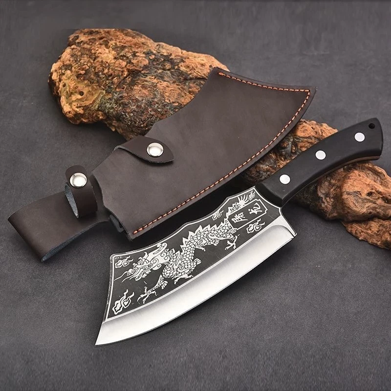 Premium Dragon Engraved Chef Cleaver Knife with Leather Sheath