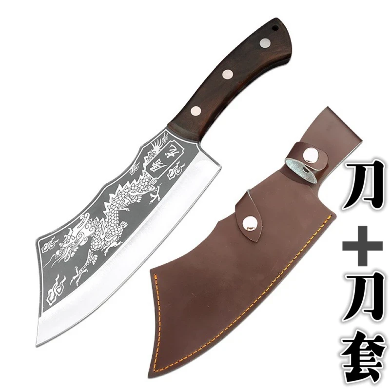 Premium Dragon Engraved Chef Cleaver Knife with Leather Sheath