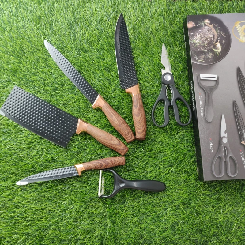 "6-Piece Professional Kitchen Knife Set with Wooden-Style Handles – Includes Chef Knife, Cleaver, Scissors, and Peeler"
