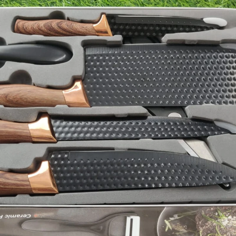 "6-Piece Professional Kitchen Knife Set with Wooden-Style Handles – Includes Chef Knife, Cleaver, Scissors, and Peeler"