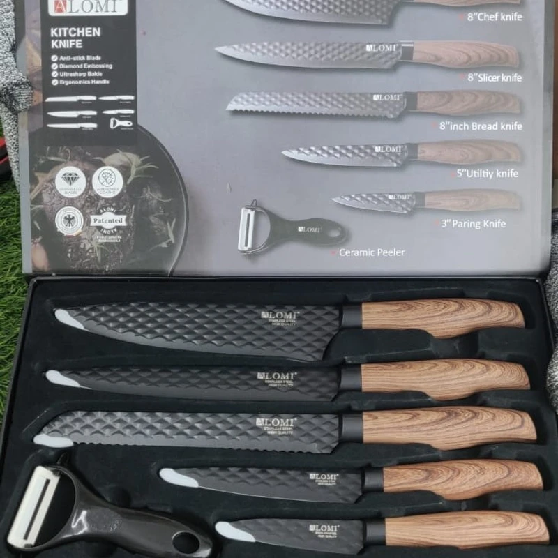 🔪 ALOMI 6-Piece Premium Kitchen Knife Set with Ceramic Peeler – Wooden Finish Handle | ALM-FZ09