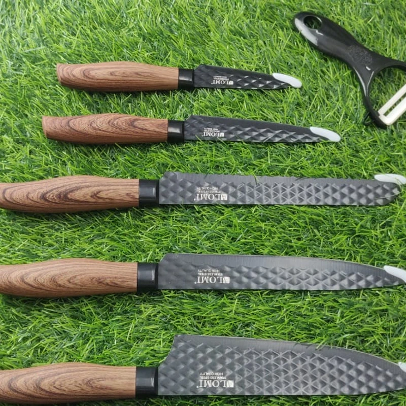 🔪 ALOMI 6-Piece Premium Kitchen Knife Set with Ceramic Peeler – Wooden Finish Handle | ALM-FZ09