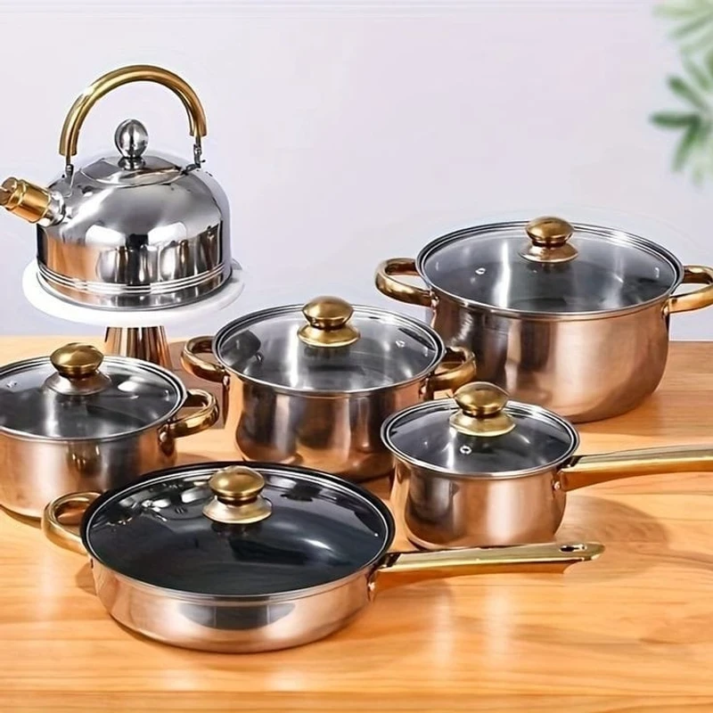 12 PCS Pan and Casserole Cookware Set Stainless Steel Gold-Plated Handle with Frying Pan