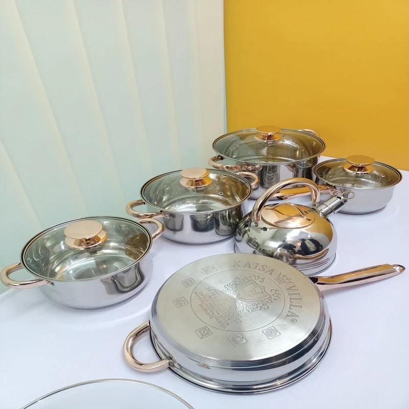 12 PCS Pan and Casserole Cookware Set Stainless Steel Gold-Plated Handle with Frying Pan