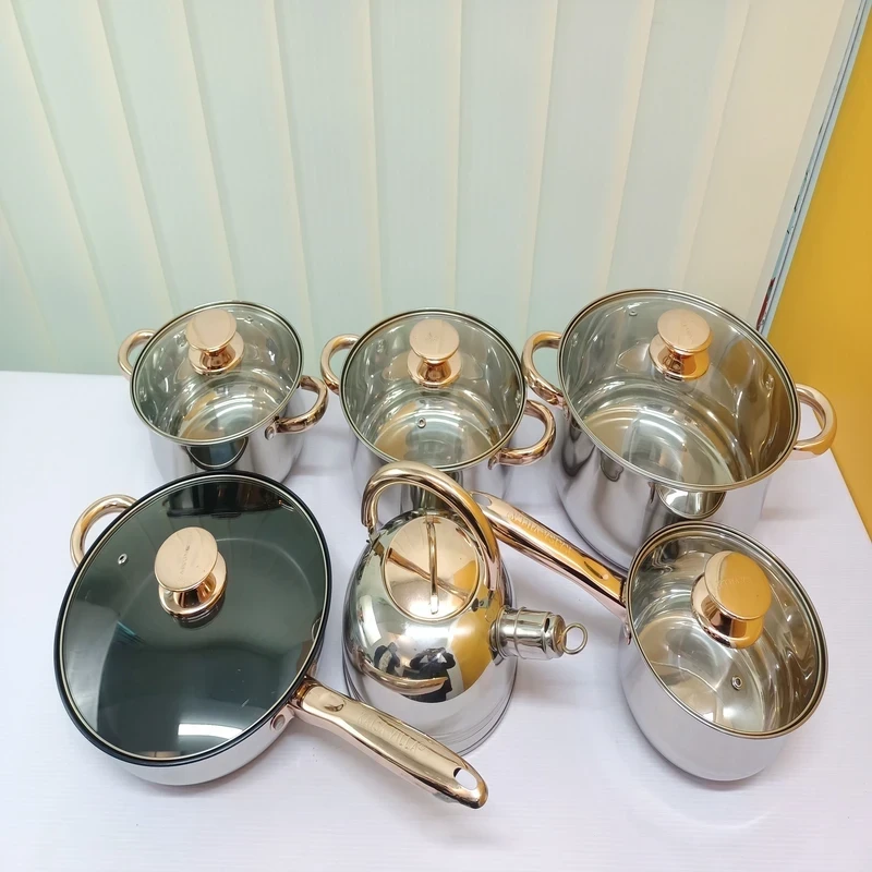 12 PCS Pan and Casserole Cookware Set Stainless Steel Gold-Plated Handle with Frying Pan - Image 3