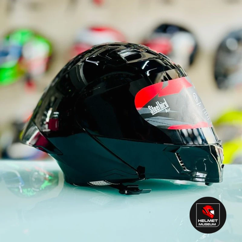 𝐒𝐭𝐞𝐞𝐥𝐛𝐢𝐫𝐝 𝐀𝐢𝐫 𝐒𝐁𝐀-𝟐𝟎 𝐌𝐨𝐝𝐮𝐥𝐚𝐫 𝐅𝐮𝐥𝐥 𝐅𝐚𝐜𝐞 𝐇𝐞𝐥𝐦𝐞𝐭– Glossy Black, ISI Certified Dual Visor with Inner Sunshield & Free Clear Visor