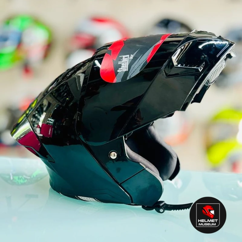 𝐒𝐭𝐞𝐞𝐥𝐛𝐢𝐫𝐝 𝐀𝐢𝐫 𝐒𝐁𝐀-𝟐𝟎 𝐌𝐨𝐝𝐮𝐥𝐚𝐫 𝐅𝐮𝐥𝐥 𝐅𝐚𝐜𝐞 𝐇𝐞𝐥𝐦𝐞𝐭– Glossy Black, ISI Certified Dual Visor with Inner Sunshield & Free Clear Visor