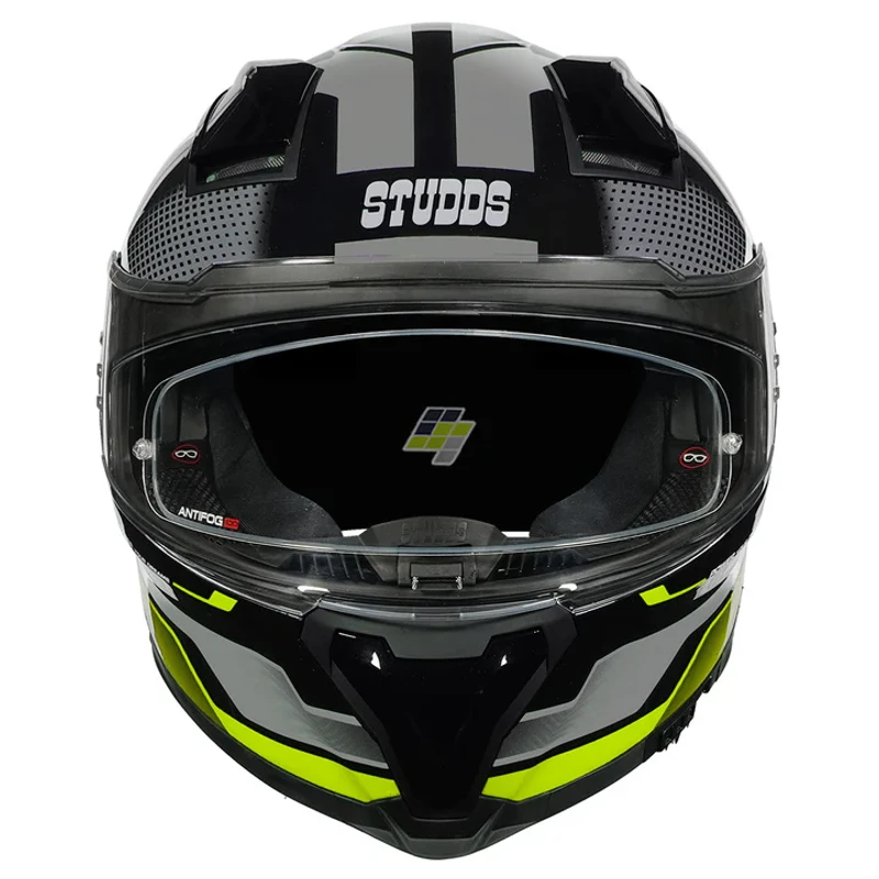 STUDDS Helios Asphalt Helmet with Black and Neon Green Graphics | DOT Certified | Anti-fog 100