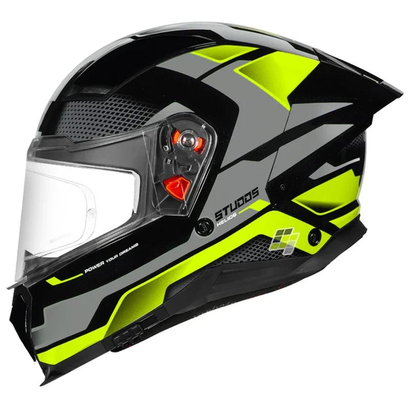 STUDDS Helios Asphalt Helmet with Black and Neon Green Graphics | DOT Certified | Anti-fog 100