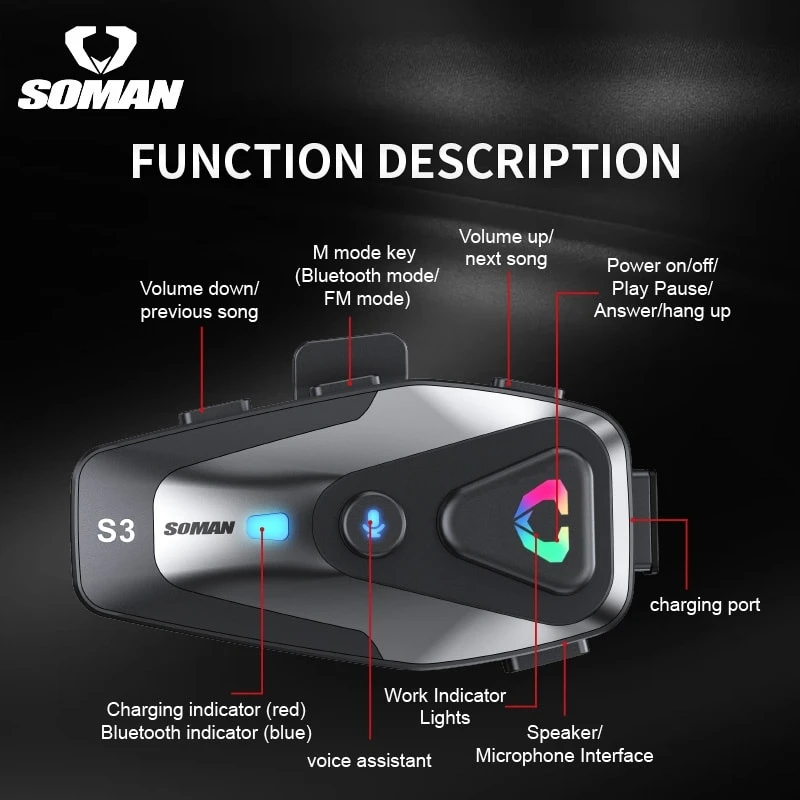 SOMAN S3 Helmet Bluetooth | SOMAN S3 Waterproof External Helmet Bluetooth