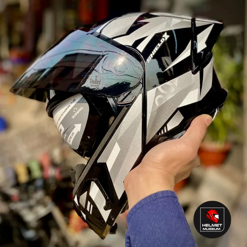 𝐒𝐭𝐞𝐞𝐥𝐛𝐢𝐫𝐝 𝐀𝐢𝐫 𝐒𝐁𝐀-𝟐𝟎 𝗦𝗛𝗜𝗘𝗟𝗗 𝗫 𝐌𝐨𝐝𝐮𝐥𝐚𝐫 𝐅𝐮𝐥𝐥 𝐅𝐚𝐜𝐞 𝐇𝐞𝐥𝐦𝐞𝐭– Glossy Grey/Black, ISI Certified Dual Visor with Inner Sunshield - Image 3