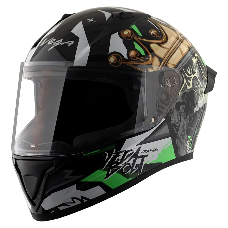 Vega Bolt Crown Men Black Green Helmet with DOT Certification