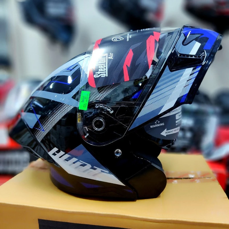 𝐒𝐭𝐞𝐞𝐥𝐛𝐢𝐫𝐝 𝐀𝐢𝐫 𝐒𝐁𝐀-𝟐𝟎 𝗛𝘂𝗻𝘁 𝐌𝐨𝐝𝐮𝐥𝐚𝐫 𝐅𝐮𝐥𝐥 𝐅𝐚𝐜𝐞 𝐇𝐞𝐥𝐦𝐞𝐭 – Glossy Blue/Black, ISI Certified Dual Visor with Inner Sunshield