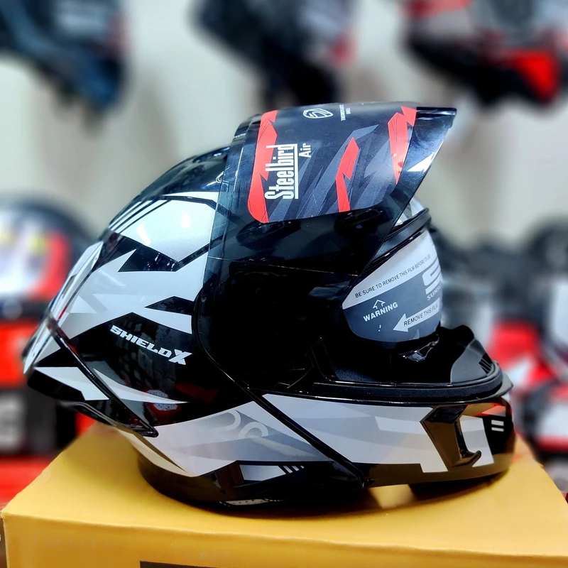 𝐒𝐭𝐞𝐞𝐥𝐛𝐢𝐫𝐝 𝐀𝐢𝐫 𝐒𝐁𝐀-𝟐𝟎 𝗦𝗛𝗜𝗘𝗟𝗗 𝗫 𝐌𝐨𝐝𝐮𝐥𝐚𝐫 𝐅𝐮𝐥𝐥 𝐅𝐚𝐜𝐞 𝐇𝐞𝐥𝐦𝐞𝐭 – Glossy Black/Grey, ISI Certified Free clear Visor with Inner Sunshield