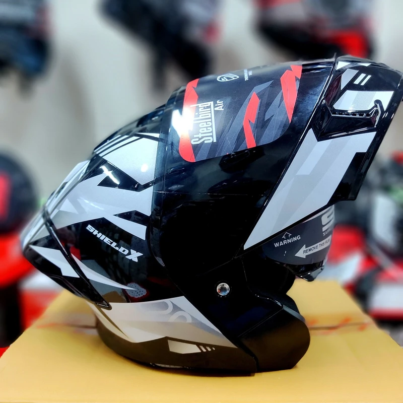 𝐒𝐭𝐞𝐞𝐥𝐛𝐢𝐫𝐝 𝐀𝐢𝐫 𝐒𝐁𝐀-𝟐𝟎 𝗦𝗛𝗜𝗘𝗟𝗗 𝗫 𝐌𝐨𝐝𝐮𝐥𝐚𝐫 𝐅𝐮𝐥𝐥 𝐅𝐚𝐜𝐞 𝐇𝐞𝐥𝐦𝐞𝐭 – Glossy Black/Grey, ISI Certified Free clear Visor with Inner Sunshield - Image 3