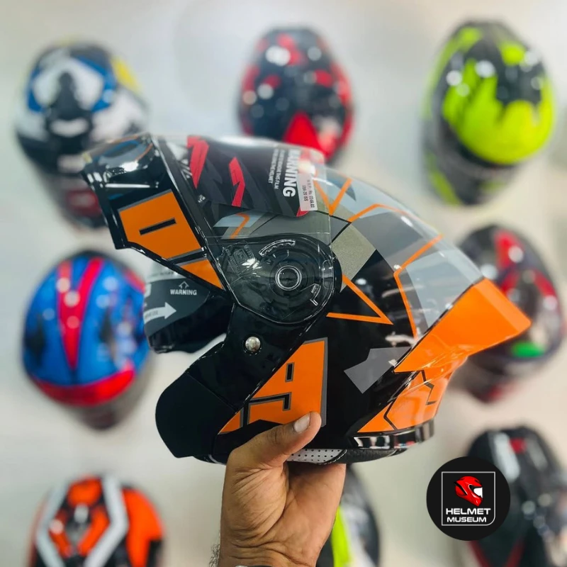 𝐒𝐭𝐞𝐞𝐥𝐛𝐢𝐫𝐝 𝐀𝐢𝐫 𝐒𝐁𝐀-𝟐𝟎 𝟬𝟵 𝐌𝐨𝐝𝐮𝐥𝐚𝐫 𝐅𝐮𝐥𝐥 𝐅𝐚𝐜𝐞 𝐇𝐞𝐥𝐦𝐞𝐭 – Glossy Orange, ISI Certified Dual Visor with Inner Sunshield