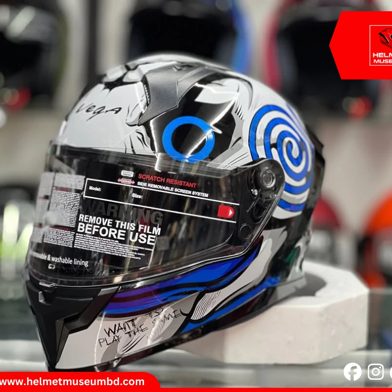 Vega Sonic Saw Blue Full Face Helmet with Jigsaw-Inspired Blue Graphics – ISI & DOT Certified, with Clear Visor Stylish and Durable for Ultimate