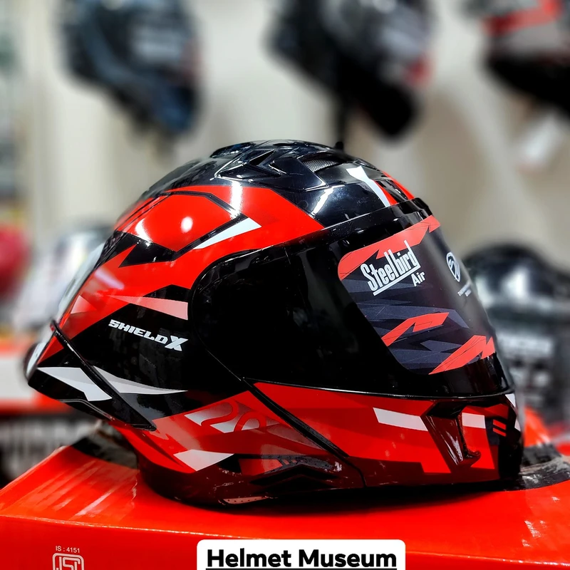 𝐒𝐭𝐞𝐞𝐥𝐛𝐢𝐫𝐝 𝐀𝐢𝐫 𝐒𝐁𝐀-𝟐𝟎 𝗦𝗛𝗜𝗘𝗟𝗗 𝗫 𝐌𝐨𝐝𝐮𝐥𝐚𝐫 𝐅𝐮𝐥𝐥 𝐅𝐚𝐜𝐞 𝐇𝐞𝐥𝐦𝐞𝐭 – Glossy Red/Black, ISI Certified Free clear Visor with Inner Sunshield