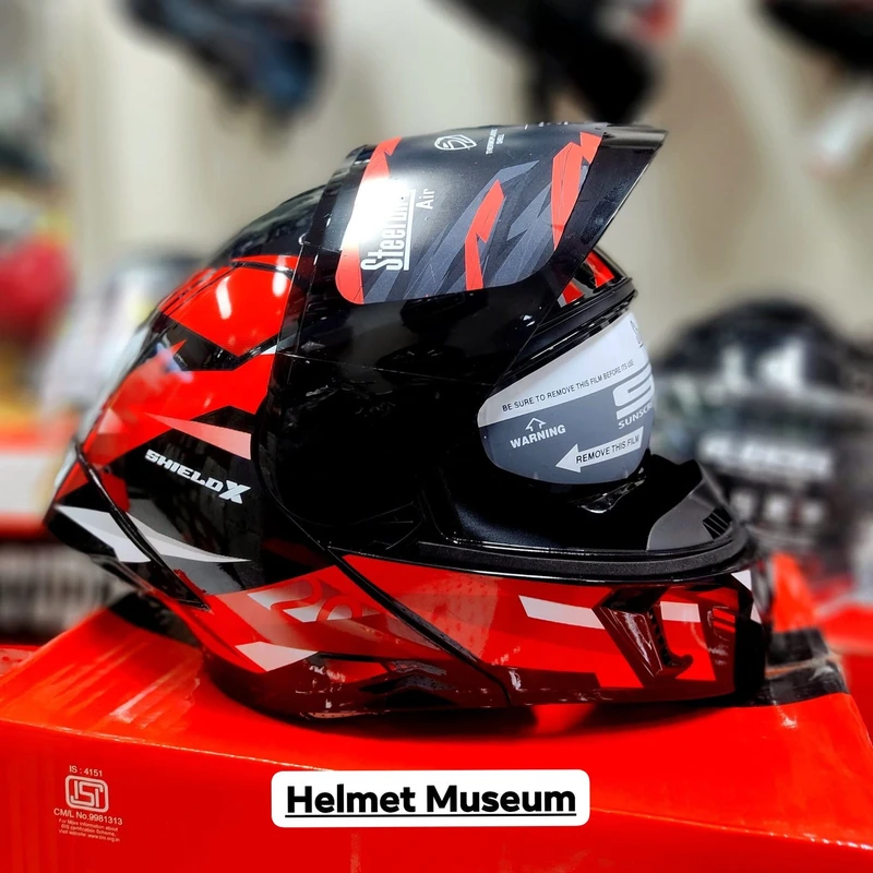 𝐒𝐭𝐞𝐞𝐥𝐛𝐢𝐫𝐝 𝐀𝐢𝐫 𝐒𝐁𝐀-𝟐𝟎 𝗦𝗛𝗜𝗘𝗟𝗗 𝗫 𝐌𝐨𝐝𝐮𝐥𝐚𝐫 𝐅𝐮𝐥𝐥 𝐅𝐚𝐜𝐞 𝐇𝐞𝐥𝐦𝐞𝐭 – Glossy Red/Black, ISI Certified Free clear Visor with Inner Sunshield