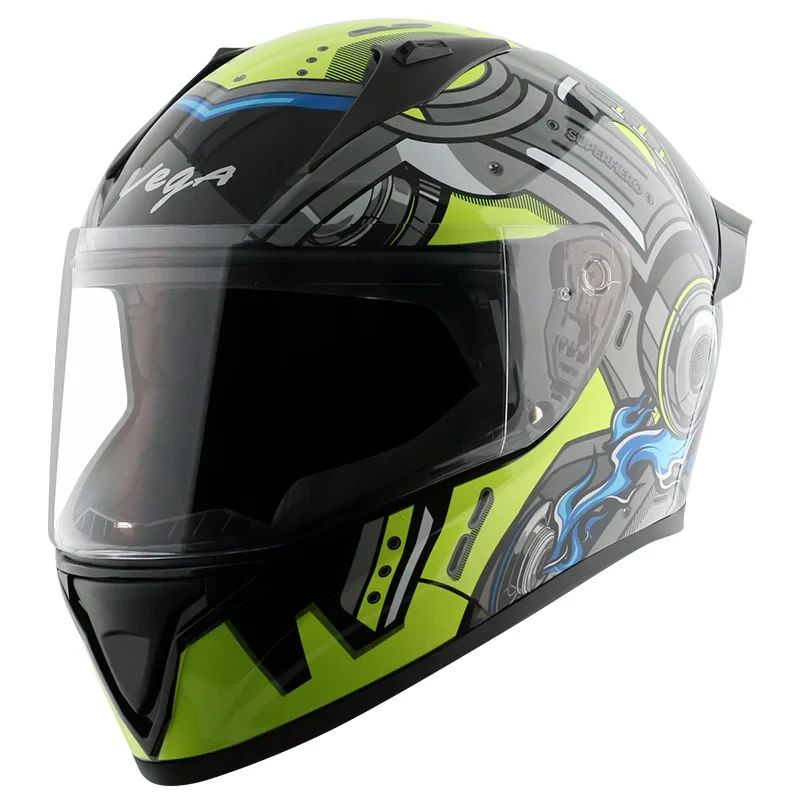 Vega Bolt Super Hero Black Neon Green Helmet with DOT Certification