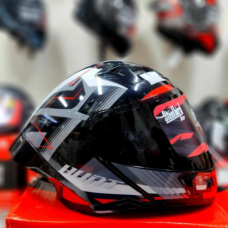 𝐒𝐭𝐞𝐞𝐥𝐛𝐢𝐫𝐝 𝐀𝐢𝐫 𝐒𝐁𝐀-𝟐𝟎 𝗛𝘂𝗻𝘁 𝐌𝐨𝐝𝐮𝐥𝐚𝐫 𝐅𝐮𝐥𝐥 𝐅𝐚𝐜𝐞 𝐇𝐞𝐥𝐦𝐞𝐭 – Glossy Red/Black, ISI Certified Dual Visor with Inner Sunshield