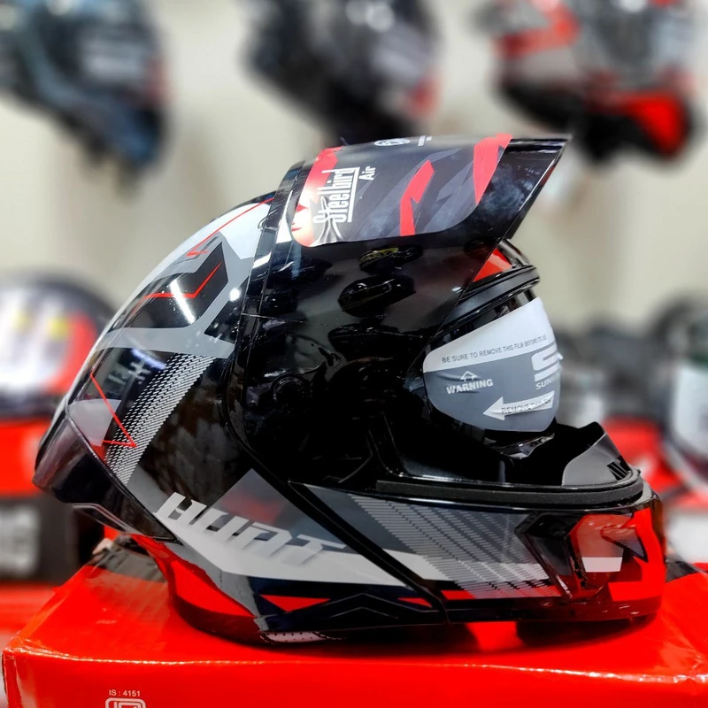 𝐒𝐭𝐞𝐞𝐥𝐛𝐢𝐫𝐝 𝐀𝐢𝐫 𝐒𝐁𝐀-𝟐𝟎 𝗛𝘂𝗻𝘁 𝐌𝐨𝐝𝐮𝐥𝐚𝐫 𝐅𝐮𝐥𝐥 𝐅𝐚𝐜𝐞 𝐇𝐞𝐥𝐦𝐞𝐭 – Glossy Red/Black, ISI Certified Dual Visor with Inner Sunshield