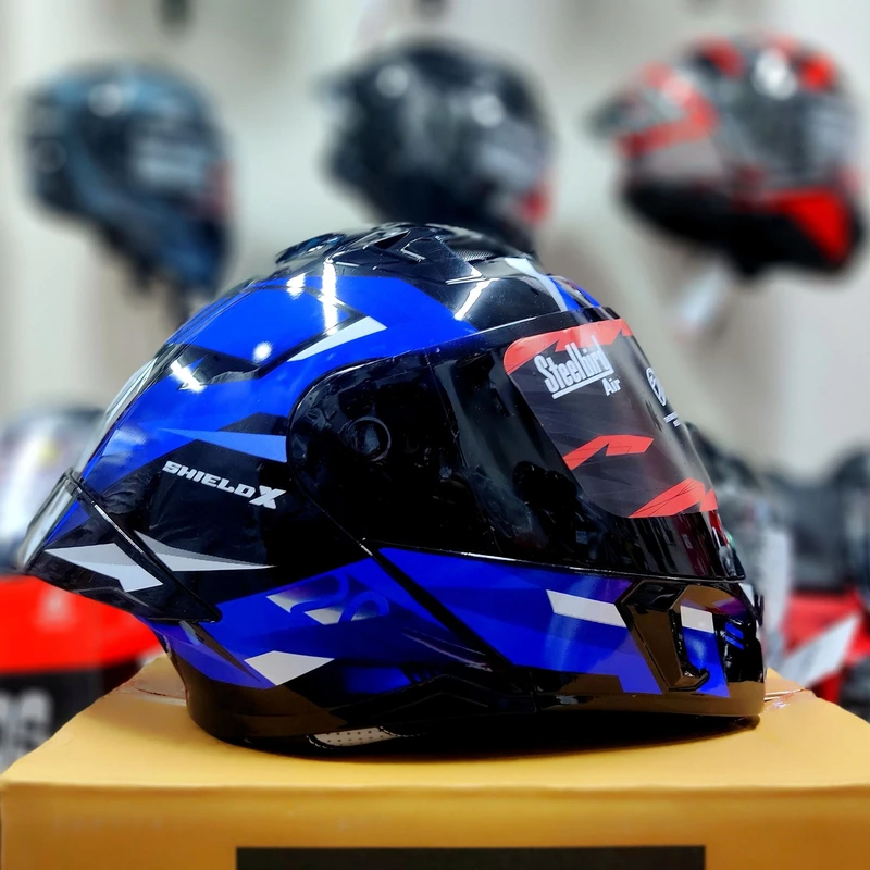 𝐒𝐭𝐞𝐞𝐥𝐛𝐢𝐫𝐝 𝐀𝐢𝐫 𝐒𝐁𝐀-𝟐𝟎 𝗦𝗛𝗜𝗘𝗟𝗗 𝗫 𝐌𝐨𝐝𝐮𝐥𝐚𝐫 𝐅𝐮𝐥𝐥 𝐅𝐚𝐜𝐞 𝐇𝐞𝐥𝐦𝐞𝐭 – Glossy Blue/Black, ISI Certified Free clear Visor with Inner Sunshield