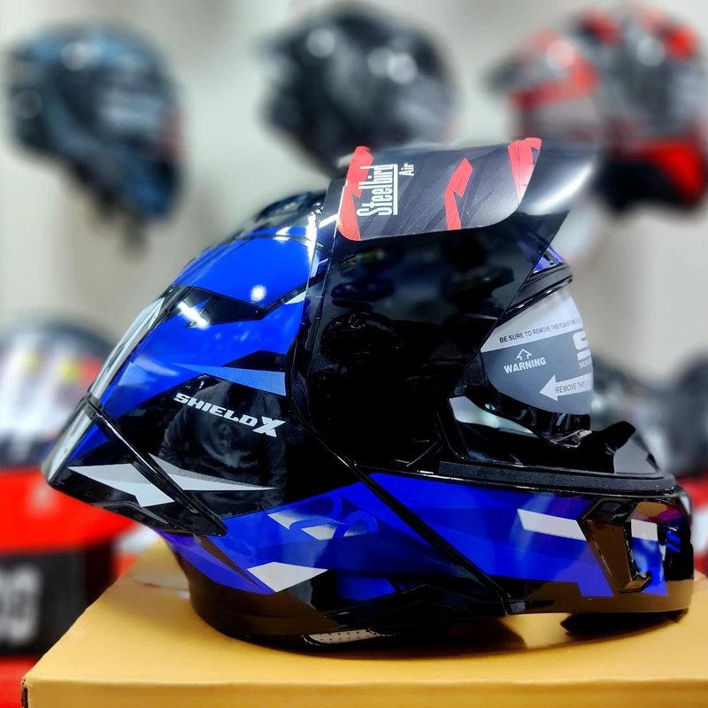 𝐒𝐭𝐞𝐞𝐥𝐛𝐢𝐫𝐝 𝐀𝐢𝐫 𝐒𝐁𝐀-𝟐𝟎 𝗦𝗛𝗜𝗘𝗟𝗗 𝗫 𝐌𝐨𝐝𝐮𝐥𝐚𝐫 𝐅𝐮𝐥𝐥 𝐅𝐚𝐜𝐞 𝐇𝐞𝐥𝐦𝐞𝐭 – Glossy Blue/Black, ISI Certified Free clear Visor with Inner Sunshield - Image 3