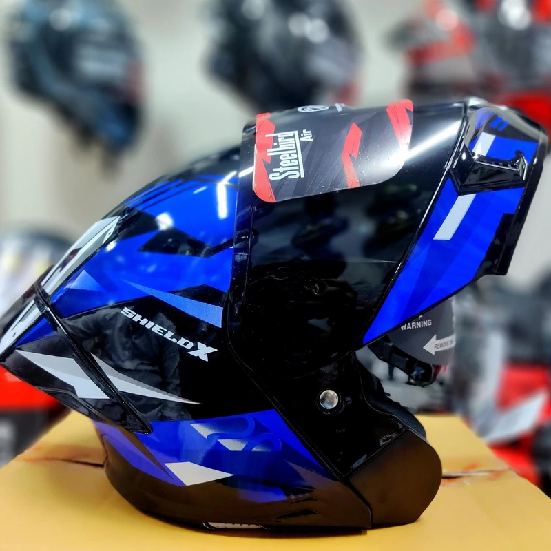 𝐒𝐭𝐞𝐞𝐥𝐛𝐢𝐫𝐝 𝐀𝐢𝐫 𝐒𝐁𝐀-𝟐𝟎 𝗦𝗛𝗜𝗘𝗟𝗗 𝗫 𝐌𝐨𝐝𝐮𝐥𝐚𝐫 𝐅𝐮𝐥𝐥 𝐅𝐚𝐜𝐞 𝐇𝐞𝐥𝐦𝐞𝐭 – Glossy Blue/Black, ISI Certified Free clear Visor with Inner Sunshield - Image 4