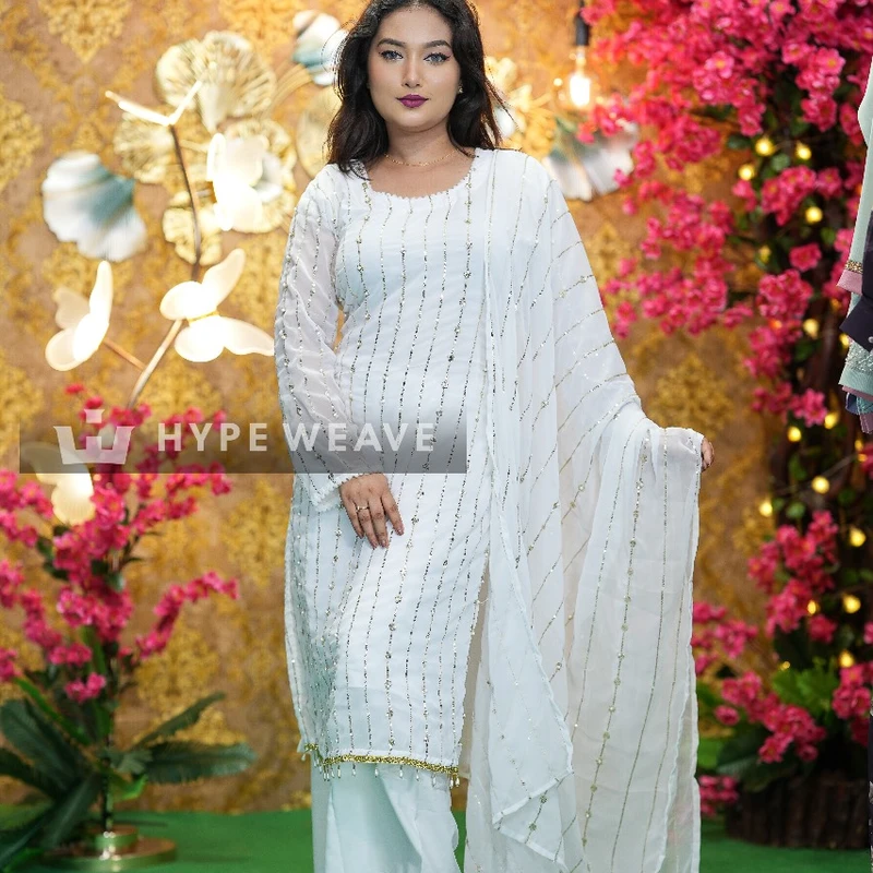 Eid Al Adha Special White & Black Georgette Embroidered Three-Piece with Palazzo Pant | HYPE WEAVE