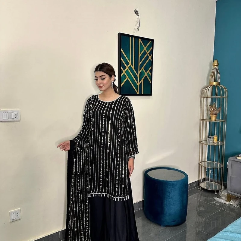 Eid Al Adha Special White & Black Georgette Embroidered Three-Piece with Palazzo Pant | HYPE WEAVE