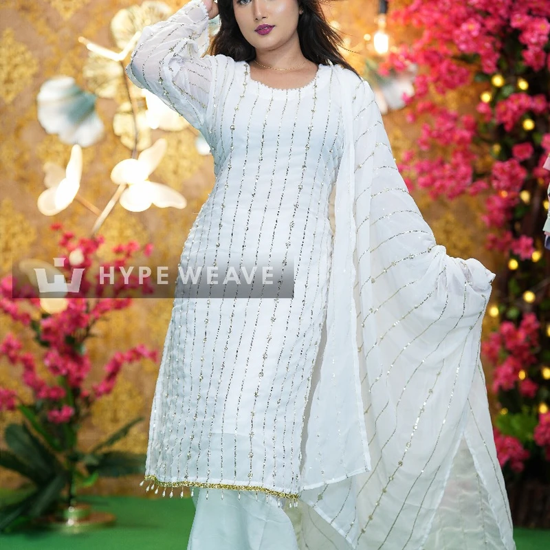 Eid Al Adha Special White & Black Georgette Embroidered Three-Piece with Palazzo Pant | HYPE WEAVE - Image 3
