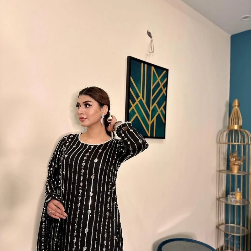 Eid Al Adha Special White & Black Georgette Embroidered Three-Piece with Palazzo Pant | HYPE WEAVE - Image 4