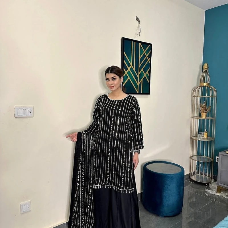 Eid Al Adha Special White & Black Georgette Embroidered Three-Piece with Palazzo Pant | HYPE WEAVE - Image 6