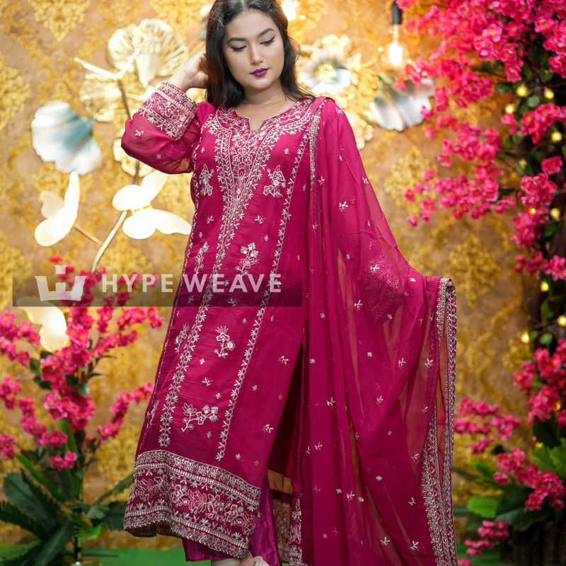 Premium Magenta Georgette Embroidered Three piece | Hype Weave