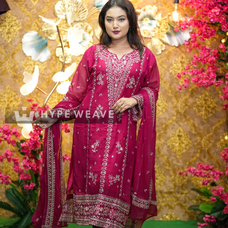 Premium Magenta Georgette Embroidered Three piece | Hype Weave