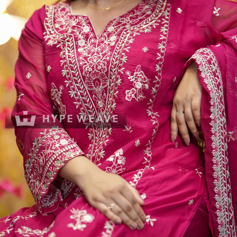 Premium Magenta Georgette Embroidered Three piece | Hype Weave - Image 3