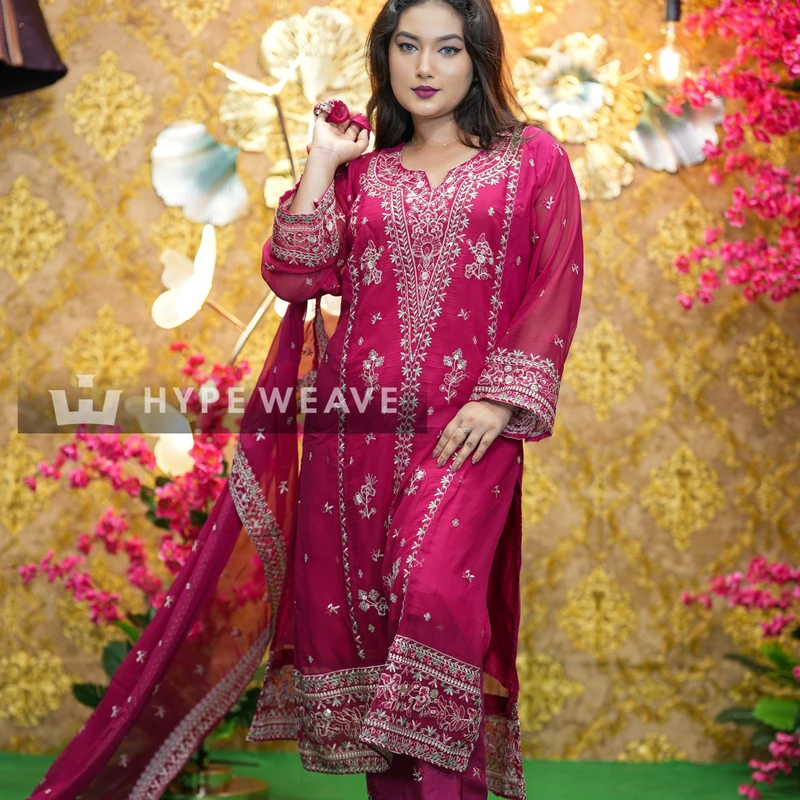 Premium Magenta Georgette Embroidered Three piece | Hype Weave - Image 4