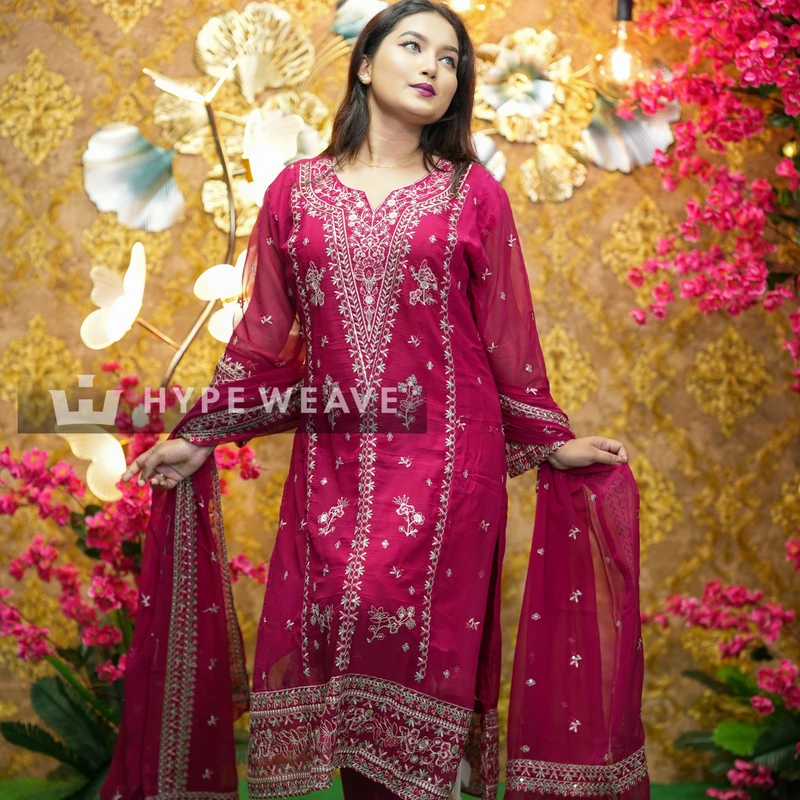 Premium Magenta Georgette Embroidered Three piece | Hype Weave - Image 5