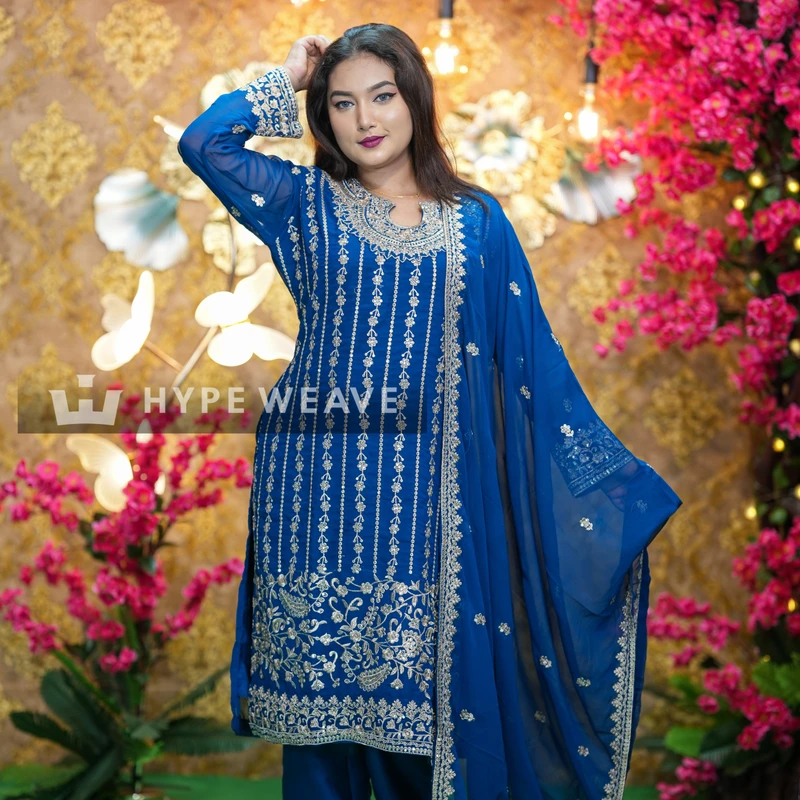 Royal Teal Pakistani Embroidered Georgette Three-Piece | Hype Weave