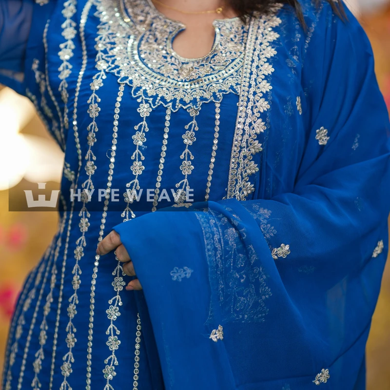 Royal Teal Pakistani Embroidered Georgette Three-Piece | Hype Weave